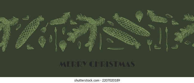 Winter Holiday background . Green horizontal Christmas border with pine cone and greetings. Universal modern line art florals. Merry xmas header or banner. Wallpaper or backdrop decor