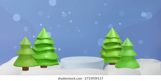 Fondo de vacaciones de invierno pinos verdes y podio redondo en paisaje nevado. Navidades, fondo de la exhibición del año Nuevo para la presentación, Anuncios, promociones, publicidad estacional, diseños de vacaciones.