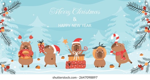 Fundo de férias de inverno com capibaras desenhadas à mão, engraçado. Conceito de férias. Design vetorial para cartões-postais, banners, cartazes, capas e muito mais.