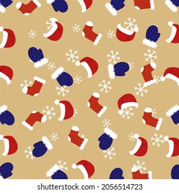 winter holiday background, hats, socks, and gloves, vector illustration