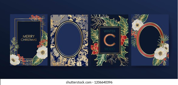 Winter holiday background, invitation. Wedding pattern design. Floral arrangement. Botanical frame, mirror, composition. Place for text. Merry Christmas and Happy New Year card.
