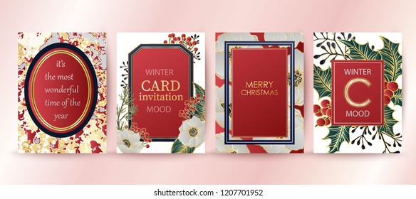 Winter holiday background, invitation. Wedding pattern design. Floral arrangement. Botanical frame, mirror, composition. Place for text. Merry Christmas and Happy New Year card.