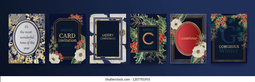 Winter holiday background, invitation. Wedding pattern design. Floral arrangement. Botanical frame, mirror, composition. Place for text. Merry Christmas and Happy New Year card.