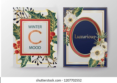 Winter holiday background, invitation. Wedding pattern design. Floral arrangement. Botanical frame, mirror, composition. Place for text. Merry Christmas and Happy New Year card.
