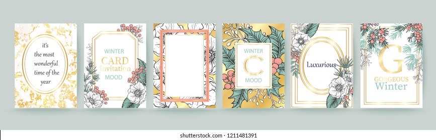 Winter holiday background, invitation. Wedding pattern design. Floral arrangement. Botanical frame, mirror, composition. Place for text. Merry Christmas and Happy New Year card.