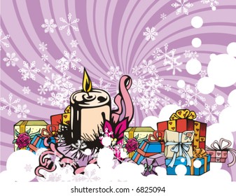Winter holiday background with many gift boxes, a candle and snowflakes, vector illustration.