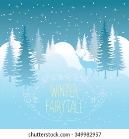 Winter Holiday Background, Winter  Night Landscape With Spruces