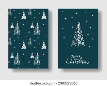 Winterurlaub-Hintergrund-Set. Doodle Fichtenholz Tannentanne weiße Linie gezeichnet. Cute Christmas Grußkartenwerbung Vorlage für Plakatwerbung. Frohe Weihnachtsfeierungs-Design-Element