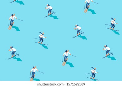 Winter holiday background with skiers on mountain. Mountain sport activities. Vector illustration.