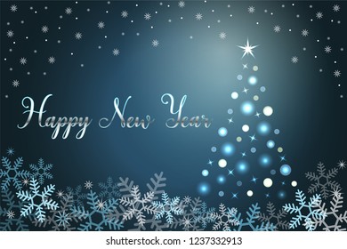 Winter holiday background with snow and fur-tree, hand lettering phrase happy new year. Christmas season vector illustration, postcard, EPS 10