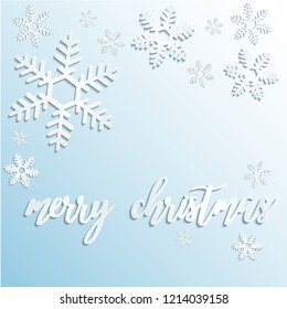 Winter holiday background with snowflakes, hand lettering phrase merry christmas. Christmas season vector illustration, postcard, EPS 10