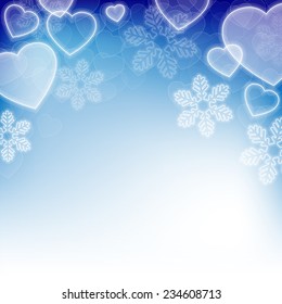 Winter holiday background with snowflakes, heart shapes and copy space