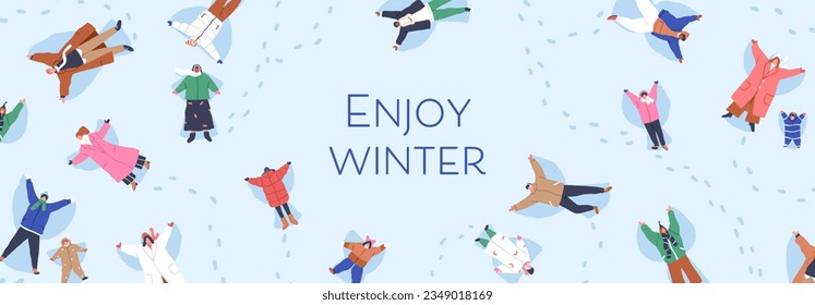 Winter holiday background. Snowy nature banner, happy people, families, children making snow angels on wintertime vacations. Outdoor fun in cold weather, card backdrop. Flat vector illustration