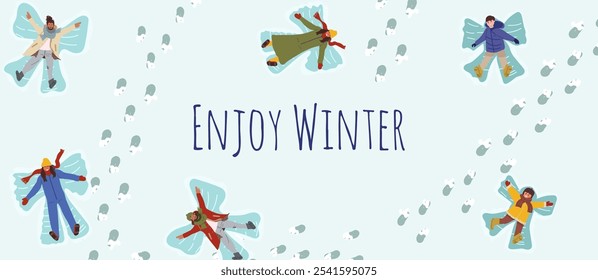 Winter holiday background. Snowy nature banner, happy people, families, children making snow angels on wintertime vacations. Outdoor fun in cold weather, card backdrop.Vector illustration hand drawn.