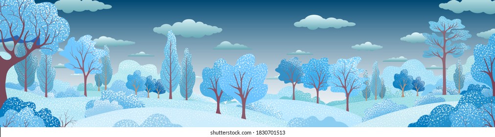 Winter holiday background with trees, bush, sky, clouds. Christmas snowy forest. Vector rural landscape. Bright banner for stylish web design. Natural seasonal web-banner. Modern trendy illustration.