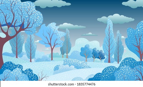 Winter holiday background with trees, bush, sky, clouds. Christmas snowy forest. Vector rural landscape. Bright banner for stylish web design. Natural seasonal web-banner. Modern trendy illustration