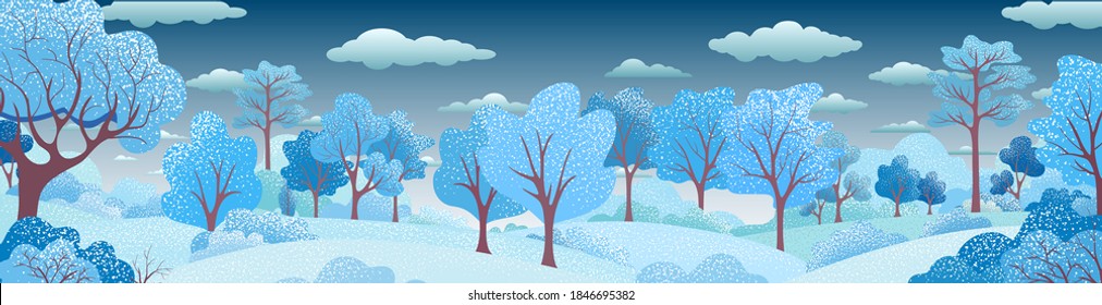 Winter holiday background with trees, bush, sky, clouds. Christmas snowy forest. Vector rural landscape. Bright banner for stylish web design. Natural seasonal web-banner. Modern trendy illustration