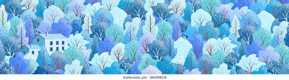 Winter holiday background with trees, house. Christmas snowy forest. Vector rural landscape. Bright banner for stylish web design. Natural seasonal banner. Modern trendy illustration