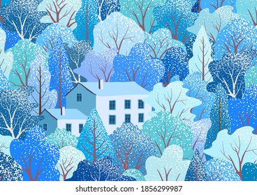Winter holiday background with trees, house. Christmas snowy forest. Vector rural landscape. Bright wallpaper for stylish web design. Natural seasonal banner. Modern trendy illustration with beautiful