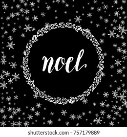 Winter holiday background. Xmas postcard. Merry christmas lettering design set. Snowflake design background.
