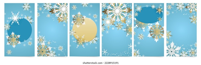 Winter holiday backgrounds for social media stories, posts and sales templates. Blue Christmas banners with golden snowflakes.