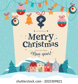 Winter holiday banner with cozy village at snowy mountain forest landscape and garlands, fir tree toys hang. Vector cartoon flat illustration. For card, package, banner, invitation, poster design.