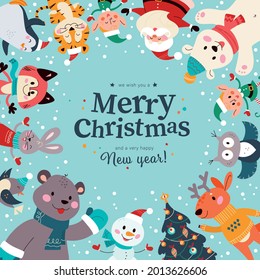 Winter holiday banner with cute animals, Santa Claus, elf character, fir tree, text congratulation. Vector cartoon flat illustration. For card, package, banner, invitation, flayer, poster, print.