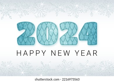 Winter Holiday Banner. Glossy Decorative Number 2024 with Dragon Skin Pattern. Text Happy New Year. Glitter Snowflake Border. Vector Illustration.