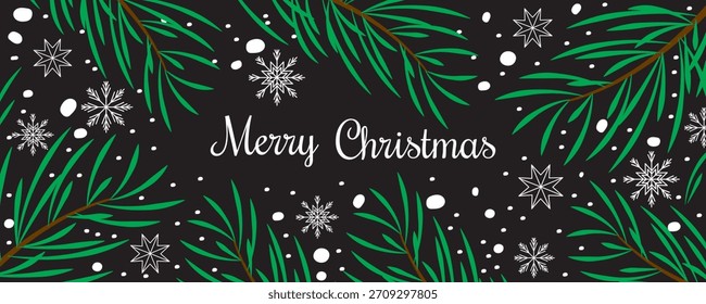 Anuncio de vacaciones de invierno con ramas de pino y copos de nieve. Navidades e ilustración del Año Nuevo con la inscripción "Feliz Navidades". Vector.
