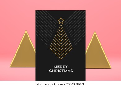 Winter holiday best wishes Merry Christmas fashion black geometric stripes modern greeting card vector illustration. Happy New Year brutal poster premium design abstract lines festive fir tree star