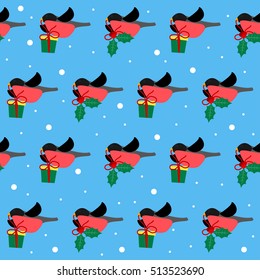 Winter holiday bird seamless pattern background. Red bullfinch and branch of Holly. Handmade bullfinch illustration for design winter holiday card, new year invitation, christmas poster, album etc. 