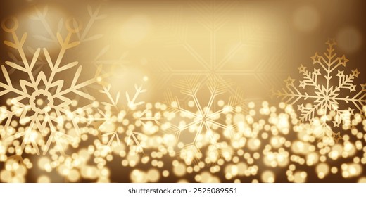 Winterurlaub Bokeh goldene Schneeflocken Dekorationskonzept Weihnachtsgold Hintergrund Kopienraum für Grußtext Verwischte Neujahrsferien Lichter Funkeln glitzern