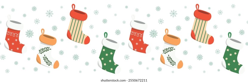 Winter holiday border pattern with colorful Christmas stockings and snow. Isolated on a white background. Cartoon hand drawn illustration in a flat style.