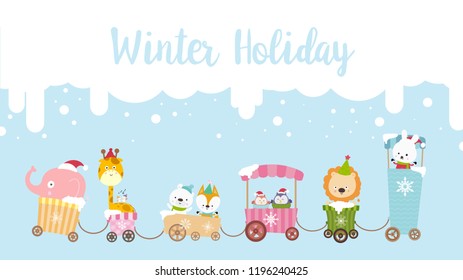 Winter holiday calligraphy text with animal cartoon on train smile with happiness vector illustration eps10