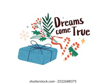 Winter holiday candy canes. Wrapping Christmas present with mistletoe. Xmas gift with candycane, lollipop. New year congratulation phrase sticker. Flat isolated vector illustration on white background