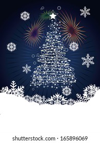 Winter holiday card with abstract Christmas tree and decorative snowflakes.