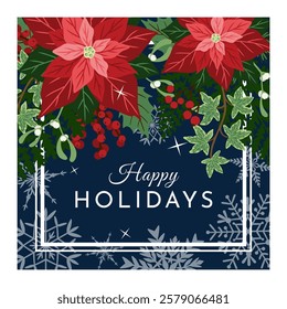 Winter holiday card. Christmas floral frame and snowflakes