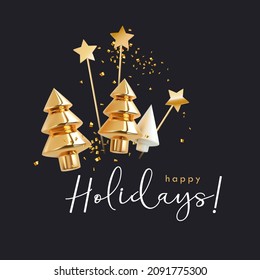 Winter holiday card. Christmas and New Year background with gold xmas tree shape,confetti and stars on black background. Modern Realistic 3d design. Vector illustration