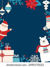 Winter Holiday card. Christmas templates with cute caracters and decorative elements.Christmas template  Modern flat vector illustration for greeting card, poster, holiday cover, banner, flyer.