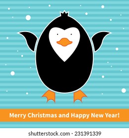  Winter holiday card with a comical penguin on a blue background with snowflakes.