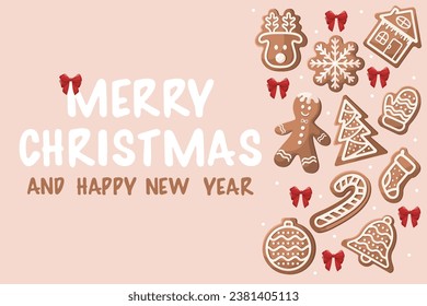 Winter holiday card with gingerbread cookies. Merry Christmas and Happy New Year. Holiday concept. Template for background, banner, card, poster with text inscription and winter homemade sweets.