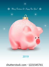 Winter holiday card with greetings. Christmas or New Year Bauble ot toy a cute pig a chinese new year symbol on blue background with stars or showflakes. Realistic vector illustration