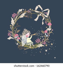 winter holiday card with little angel playing trumpet and wreath