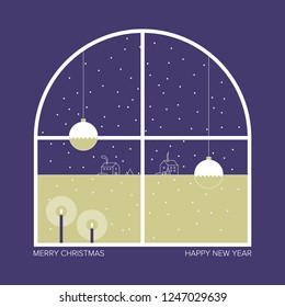 Winter Holiday Card, With Night Christmas Scenery, Candles, Christmas Balls. Vector Illustration.