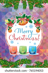 Winter holiday card with pine branches, Christmas garland, lighted candles and holiday greeting text "Merry Christmas!". Cosy winter. Vector clip art.