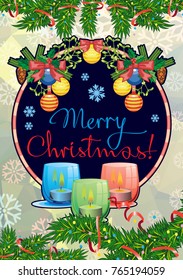 Winter holiday card with pine branches, Christmas garland, lighted candles and holiday greeting text "Merry Christmas!". Cosy winter. Vector clip art.