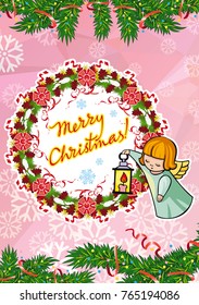 Winter holiday card with pine branches, sweet little angels and artistic written text "Merry Christmas!". Vector clip art.