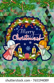 Winter holiday card with pine branches, sweet little angels and artistic written text "Merry Christmas!". Vector clip art.