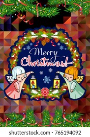 Winter holiday card with pine branches, sweet little angels and artistic written text "Merry Christmas!". Vector clip art.