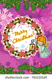 Winter holiday card with pine branches, sweet little angels and artistic written text "Merry Christmas!". Vector clip art.